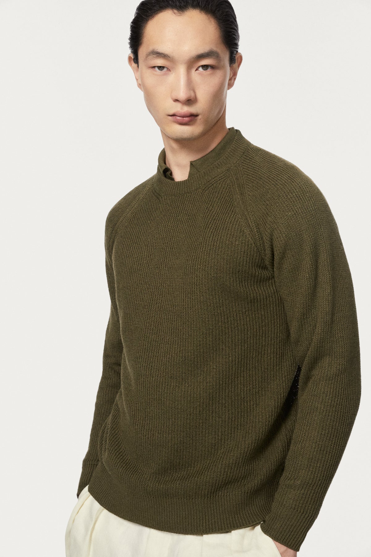 The Linen Cotton Ribbed Sweater - olive green