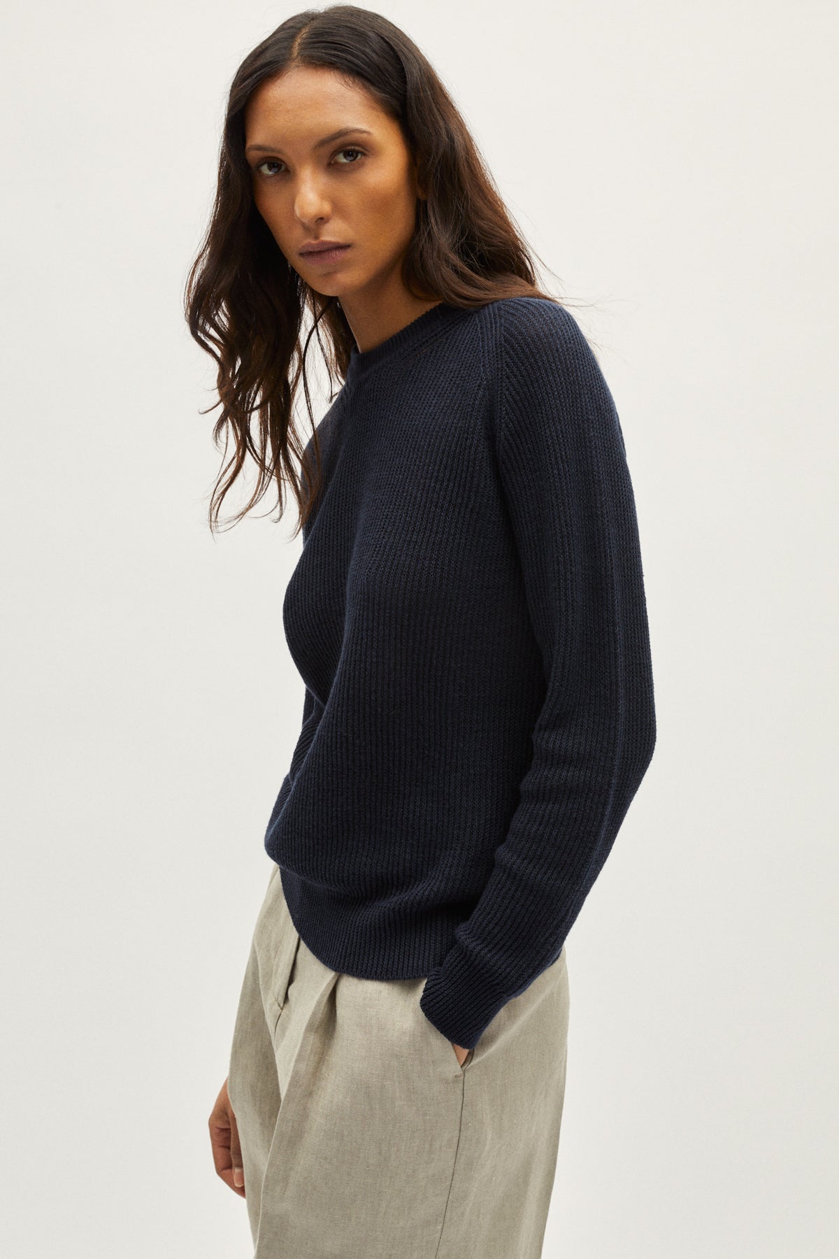 the linen cotton ribbed sweater blue navy