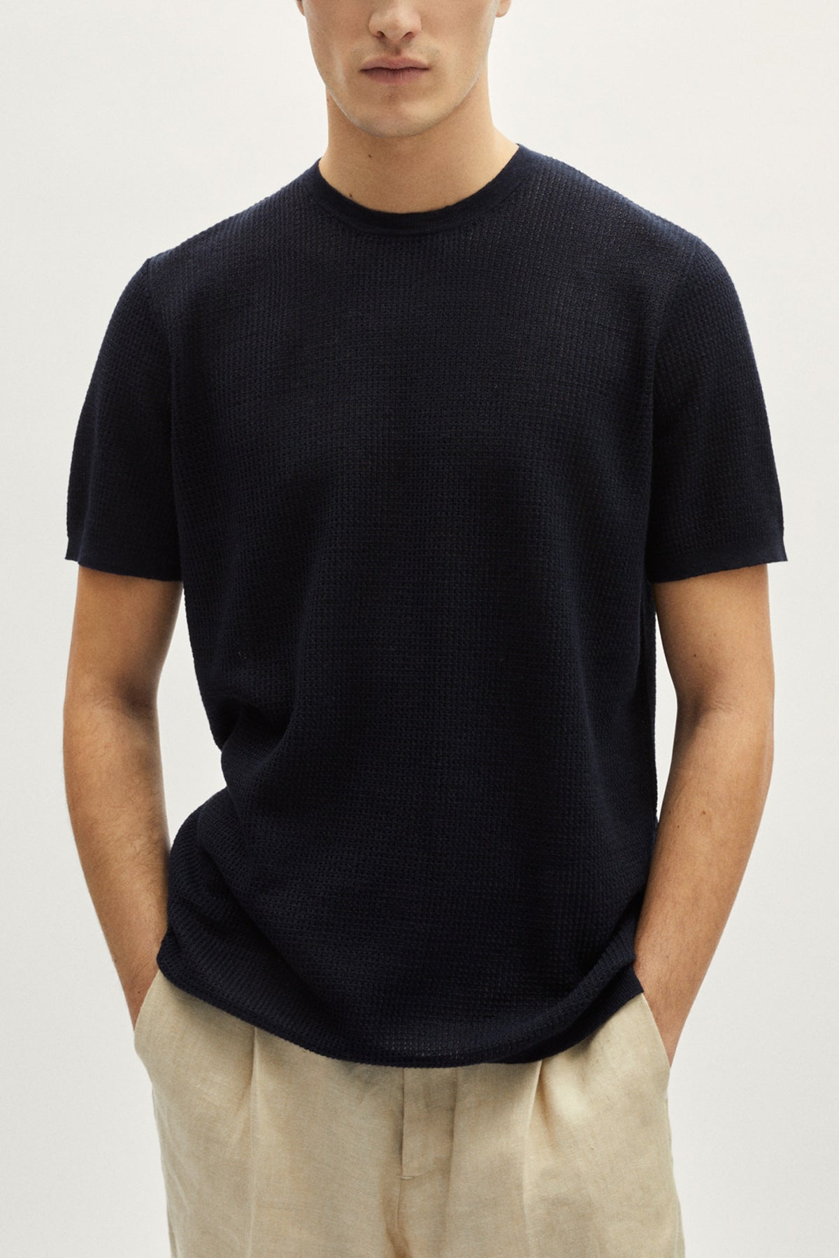 the linen cotton crochet t shirt blue navy