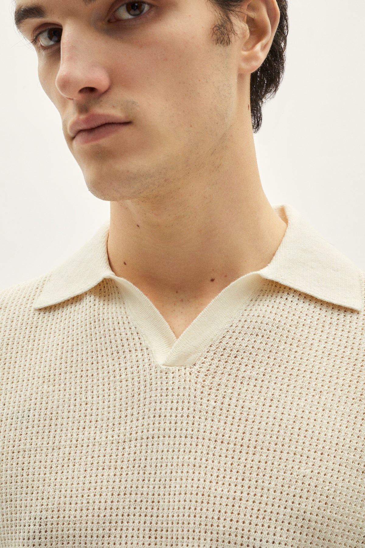 the linen cotton crochet polo milk white