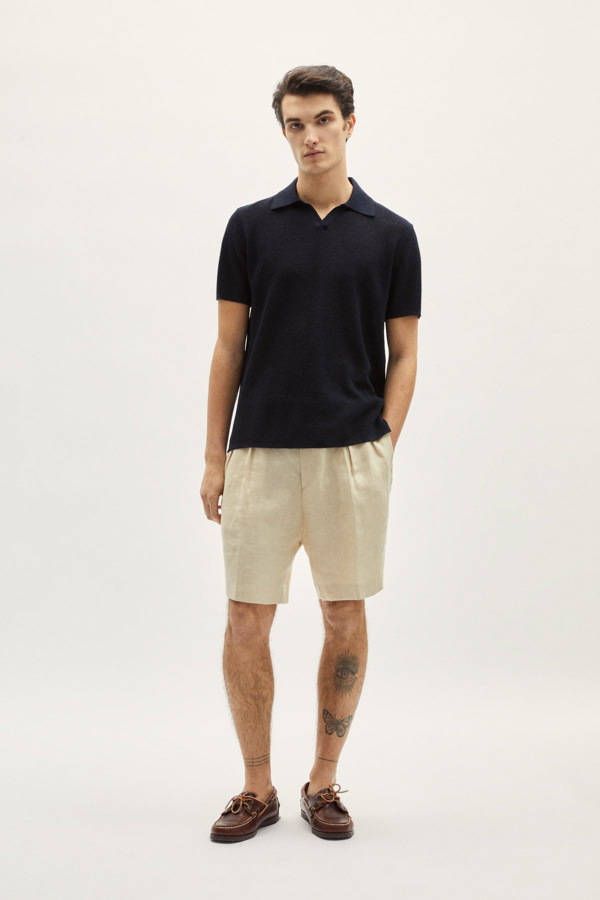the linen cotton crochet polo blue navy