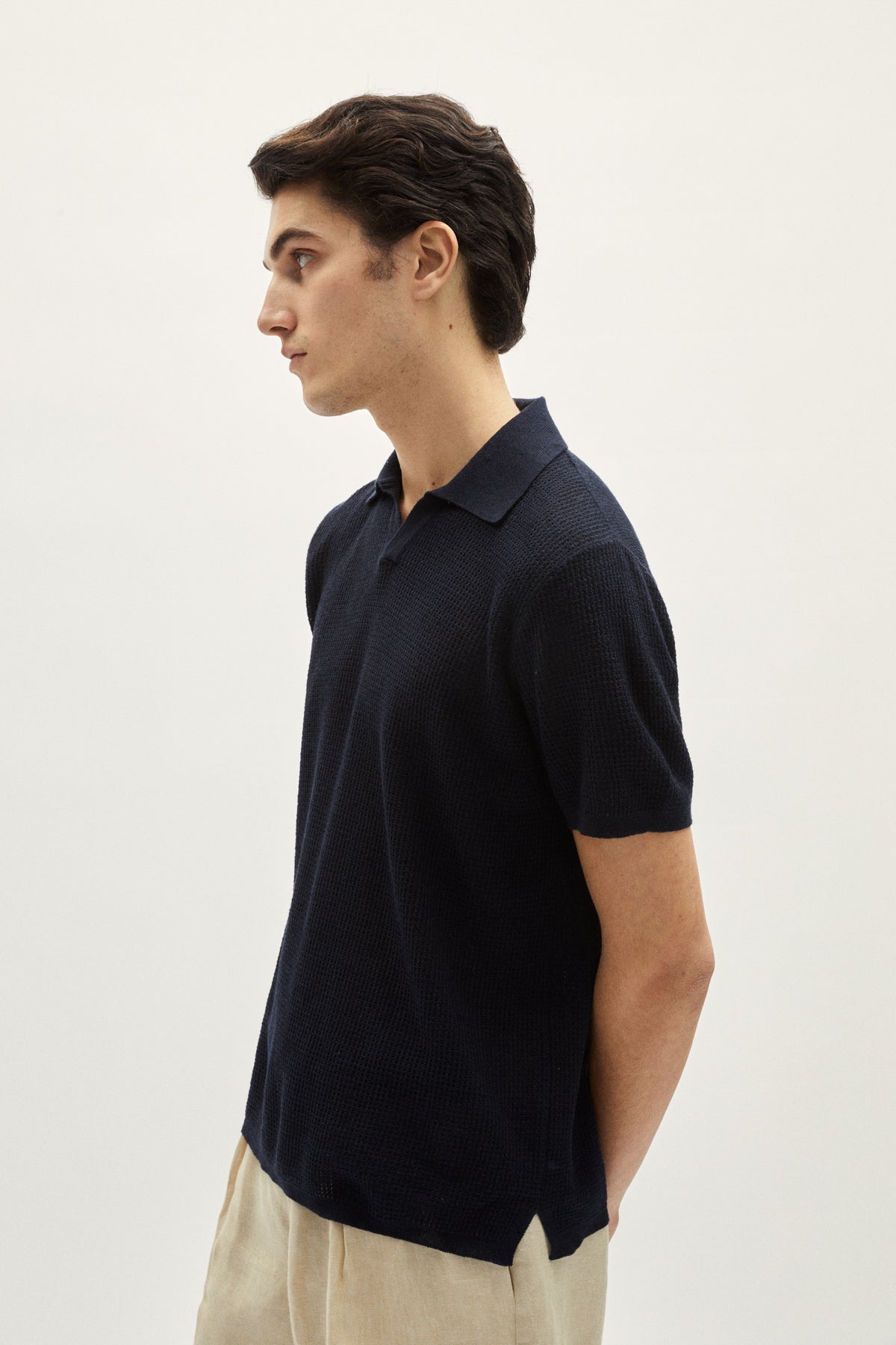 the linen cotton crochet polo blue navy