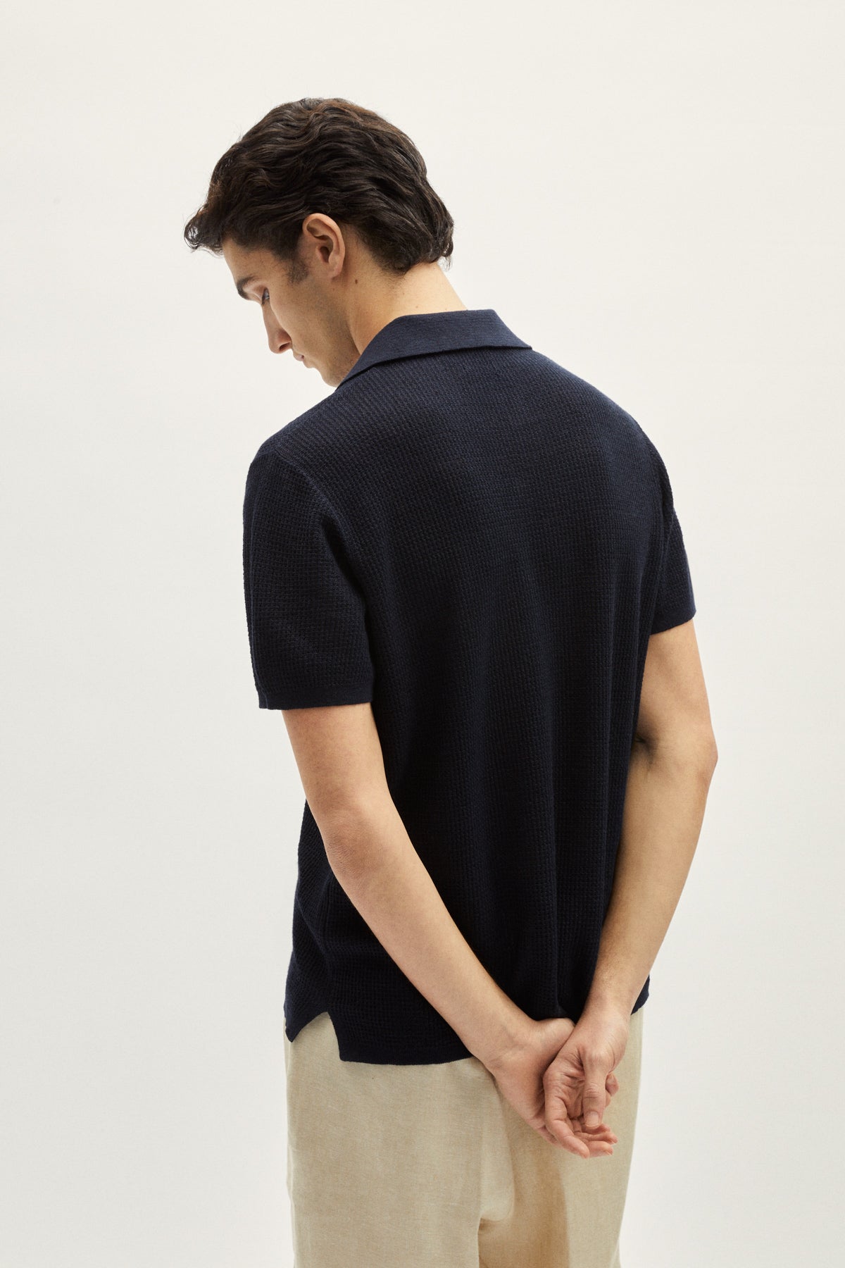 the linen cotton crochet polo blue navy