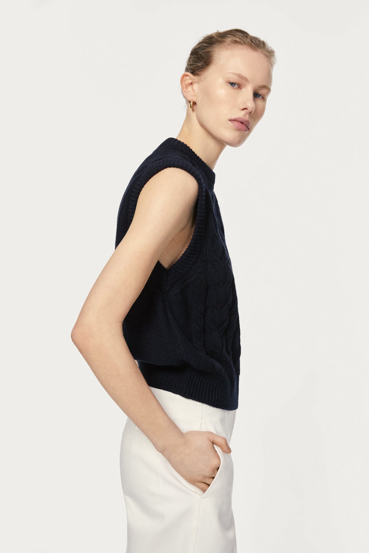 The Organic Cotton Aran Tricot Vest deep blue