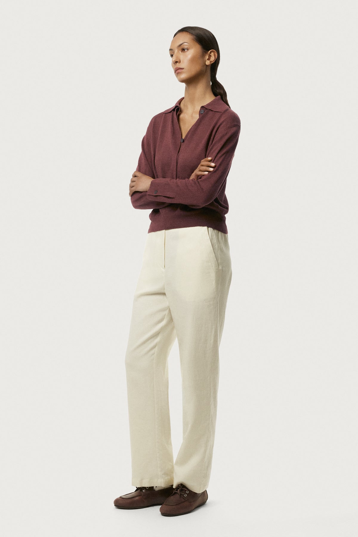 The Linen Cotton Vintage Long Sleeve Polo Mahogany