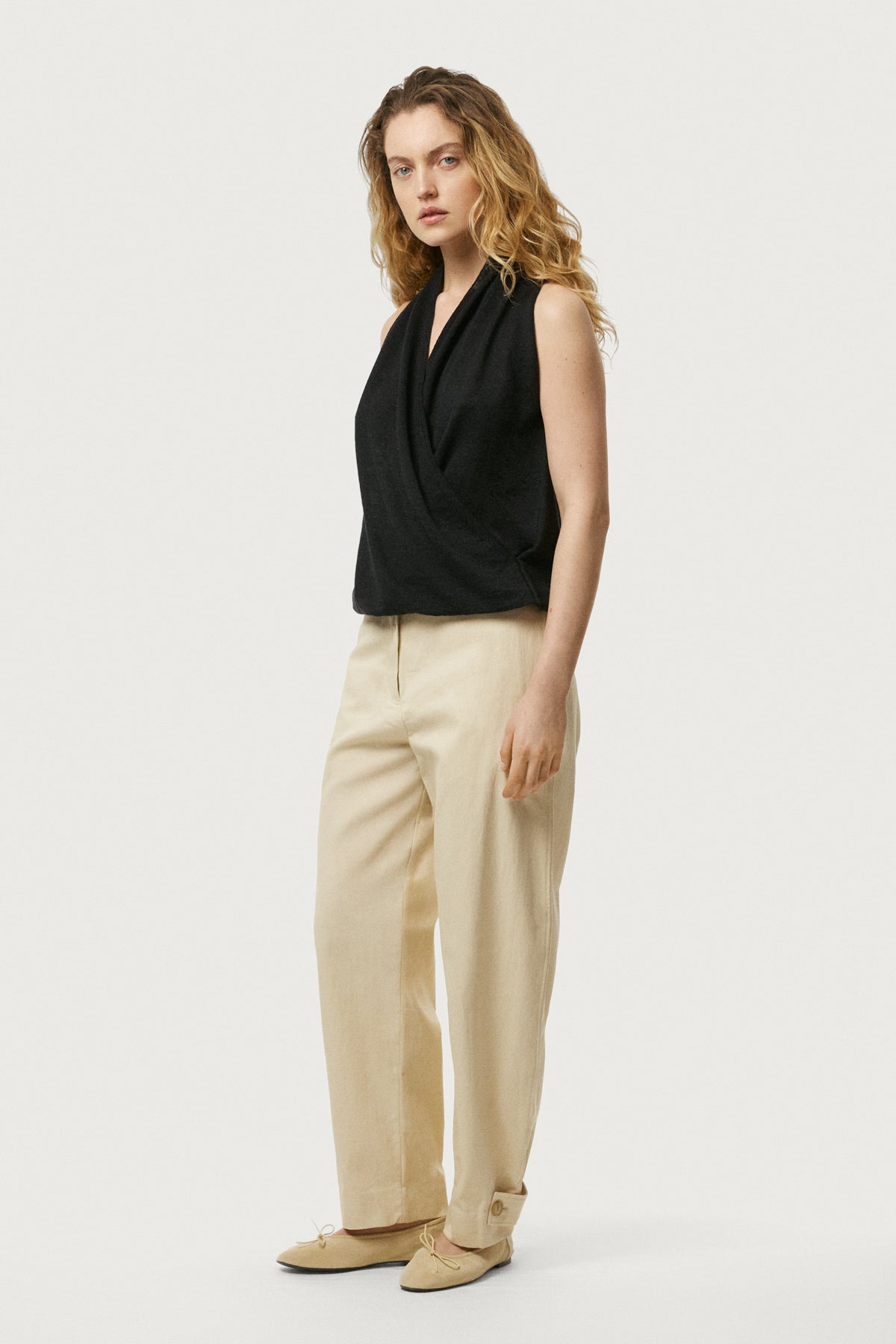The Linen Cotton Wrap Top Black