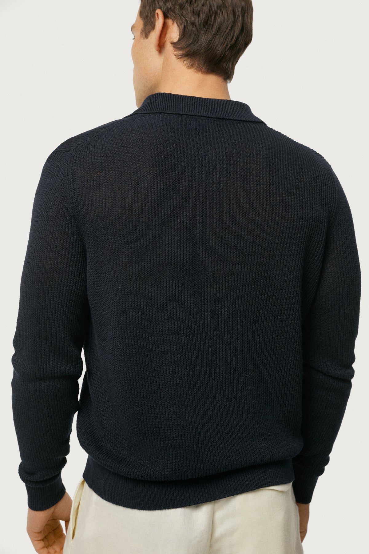 The Linen Cotton Rib-Knit Long Sleeve Polo Navy Blue