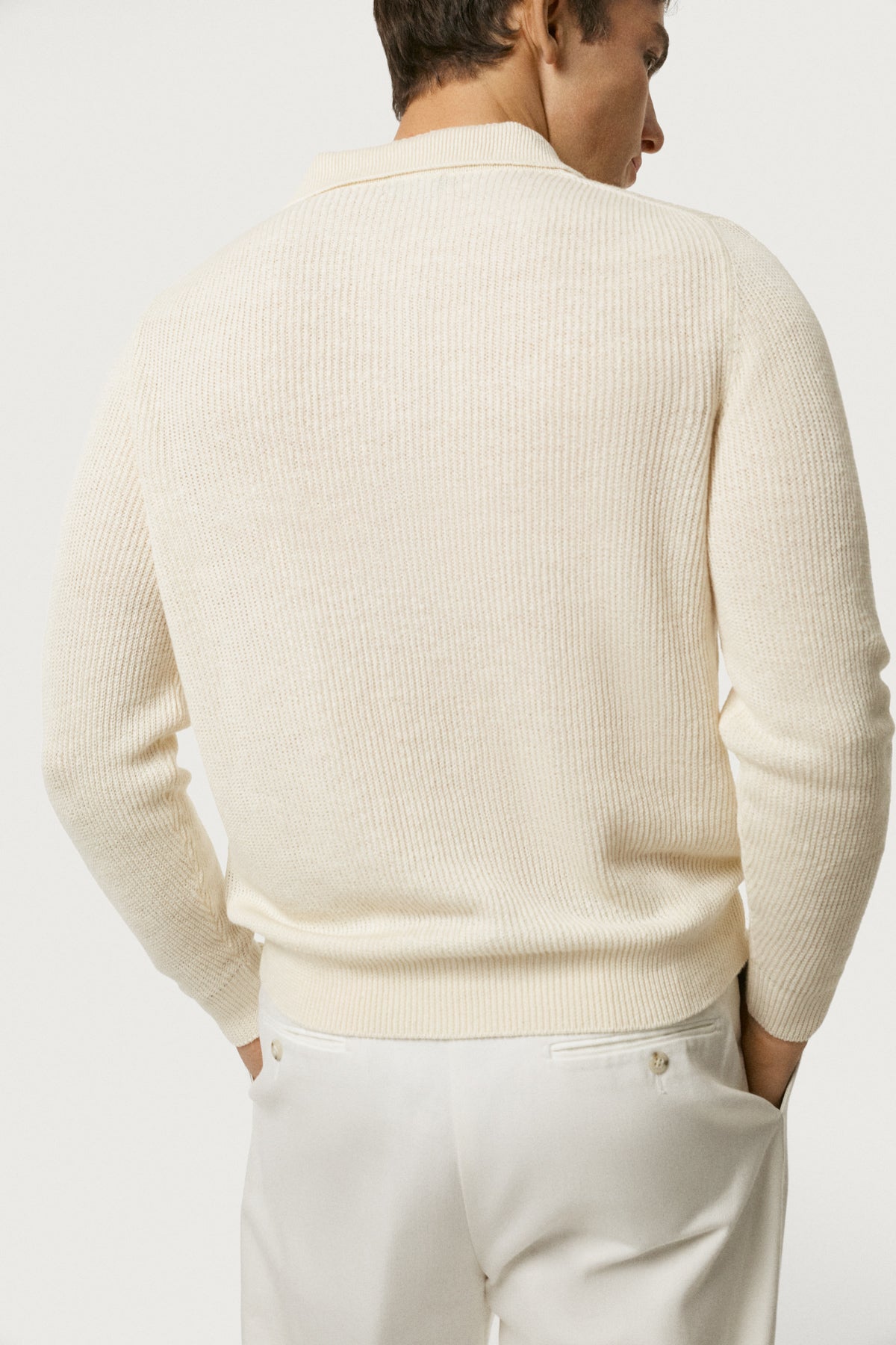 The Linen Cotton Rib-Knit Long Sleeve Polo Milk White