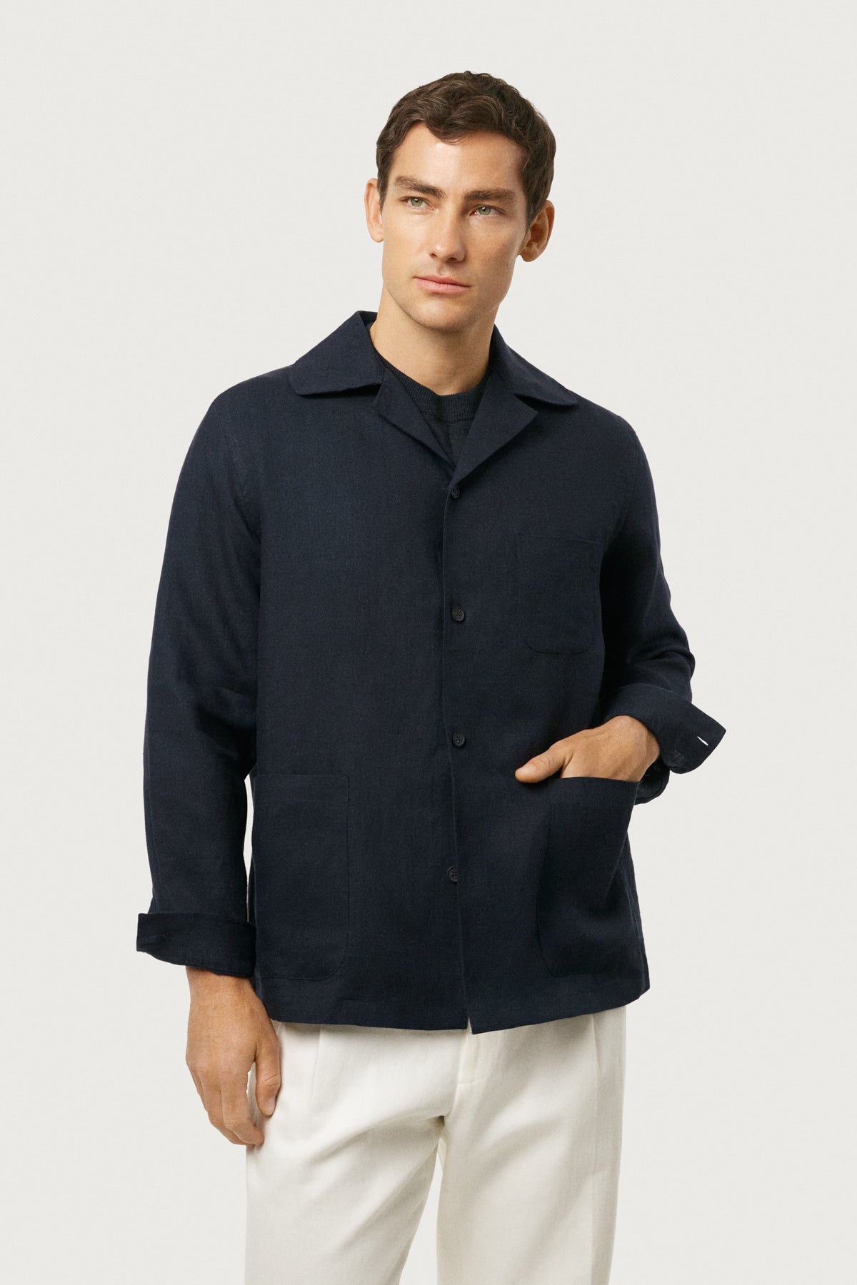 The Linen Twill Bowling Overshirt Black-Navy