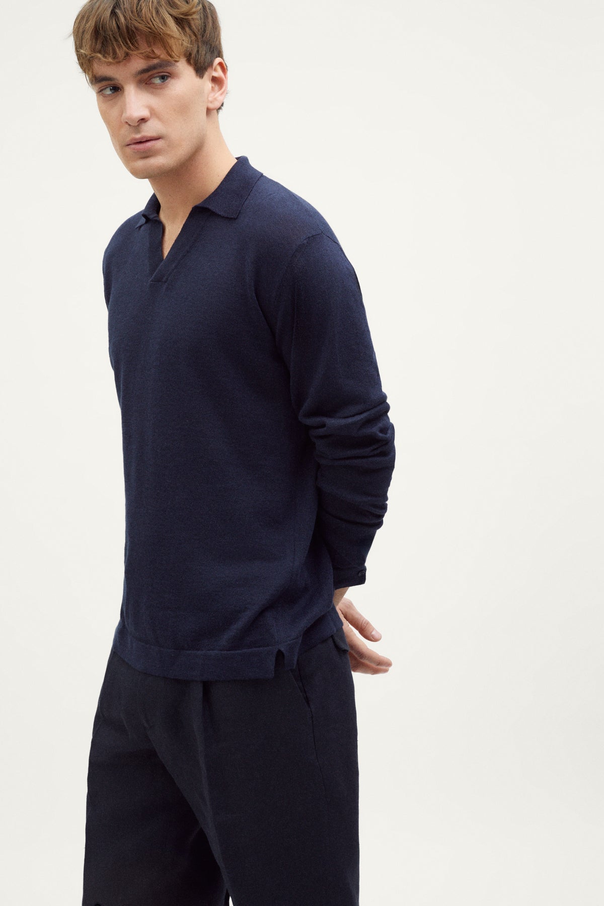 The Long-Sleeve Linen Cotton Polo blue