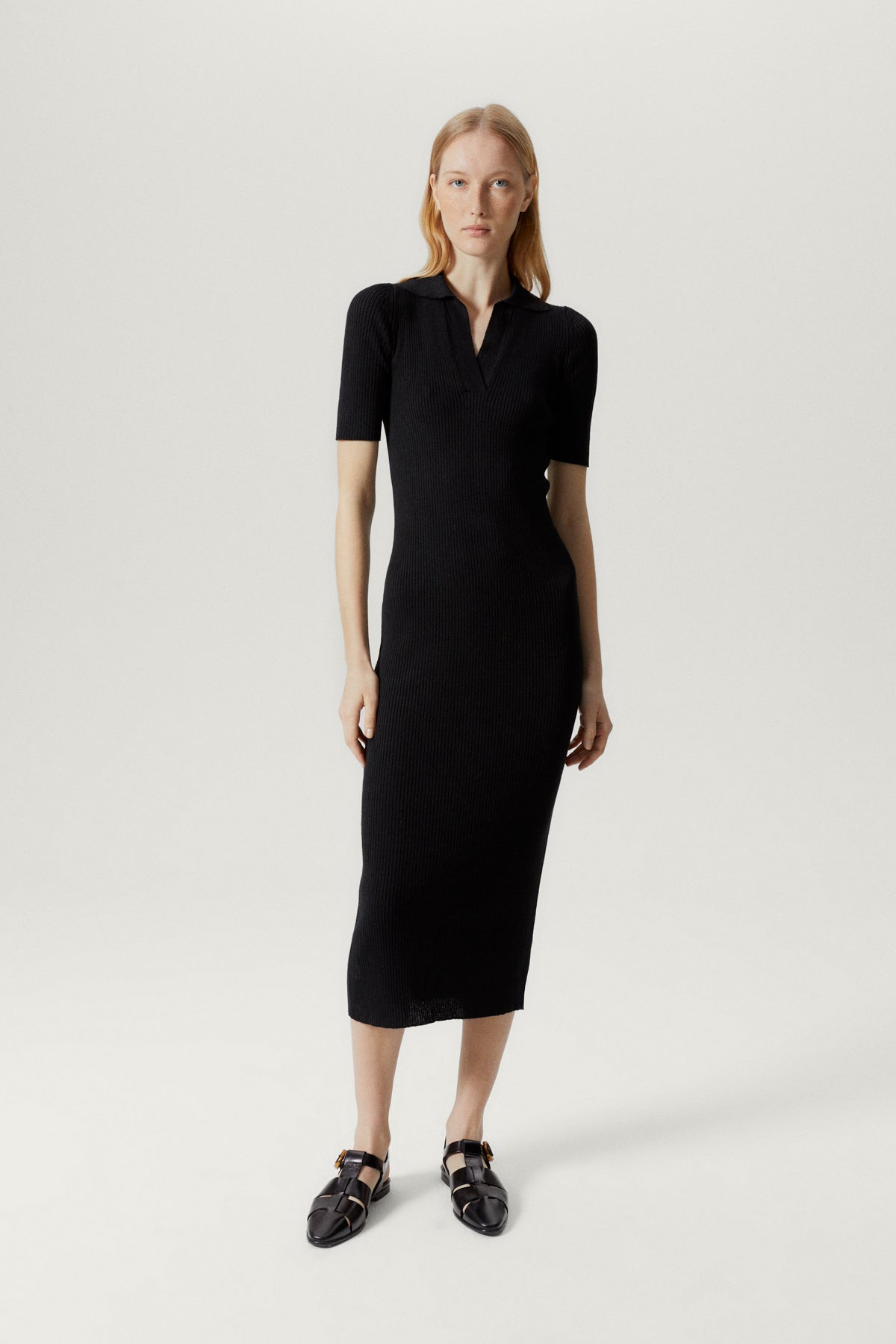 the linen cotton long polo dress black