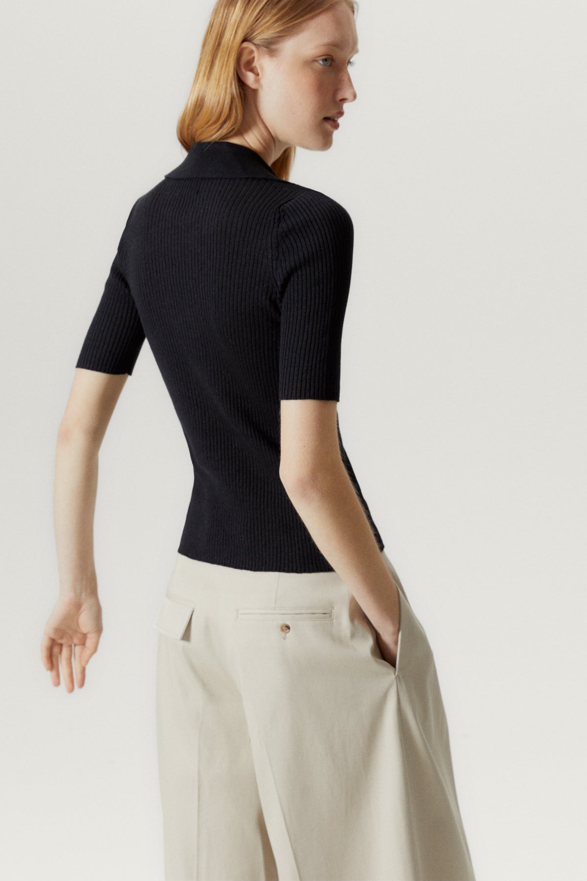 the linen cotton ribbed polo black