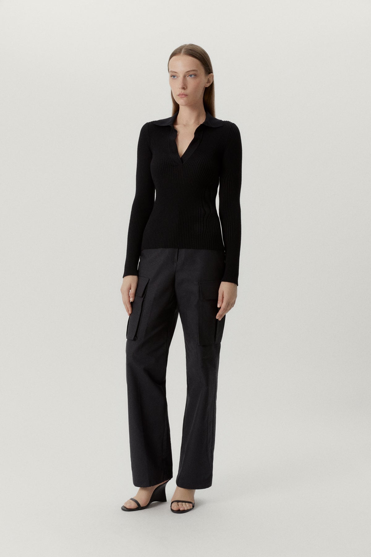 the merino wool ribbed polo black