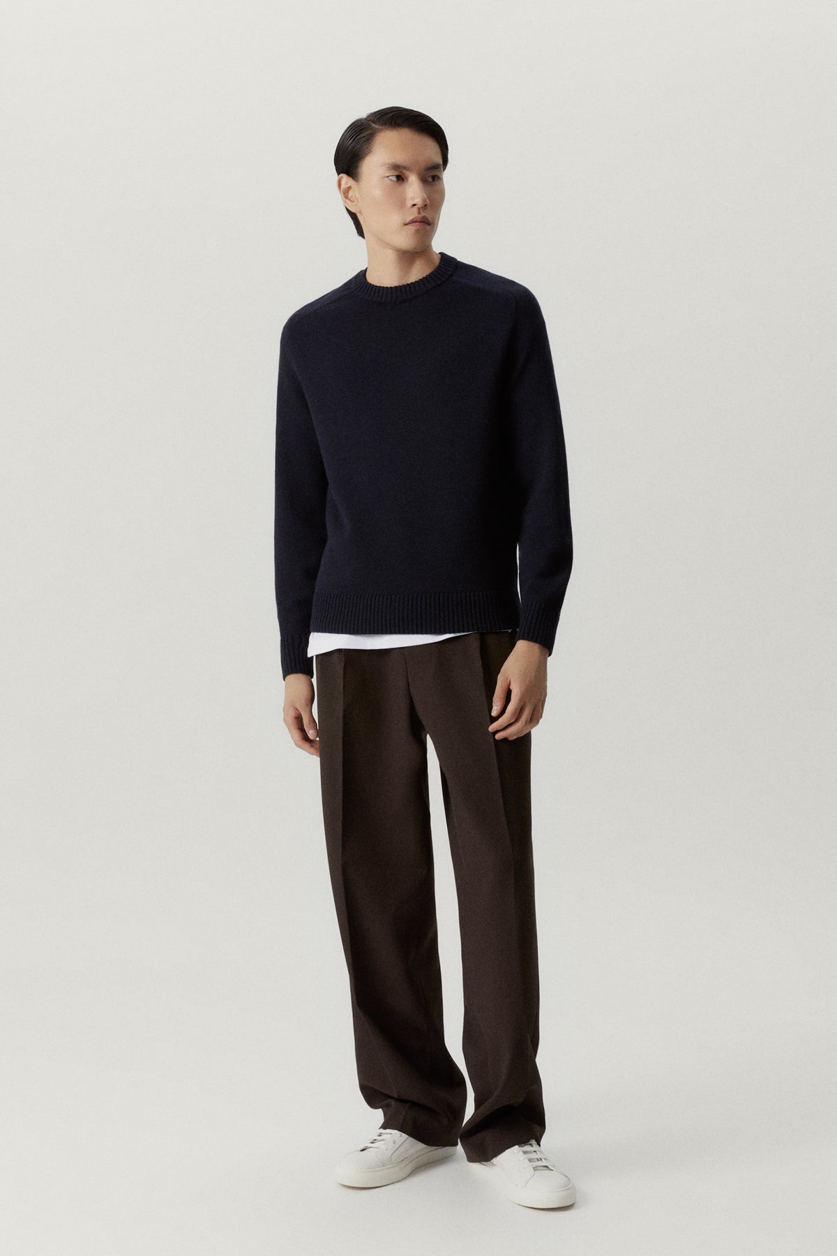 the merino wool saddle shoulder sweater oxford blue