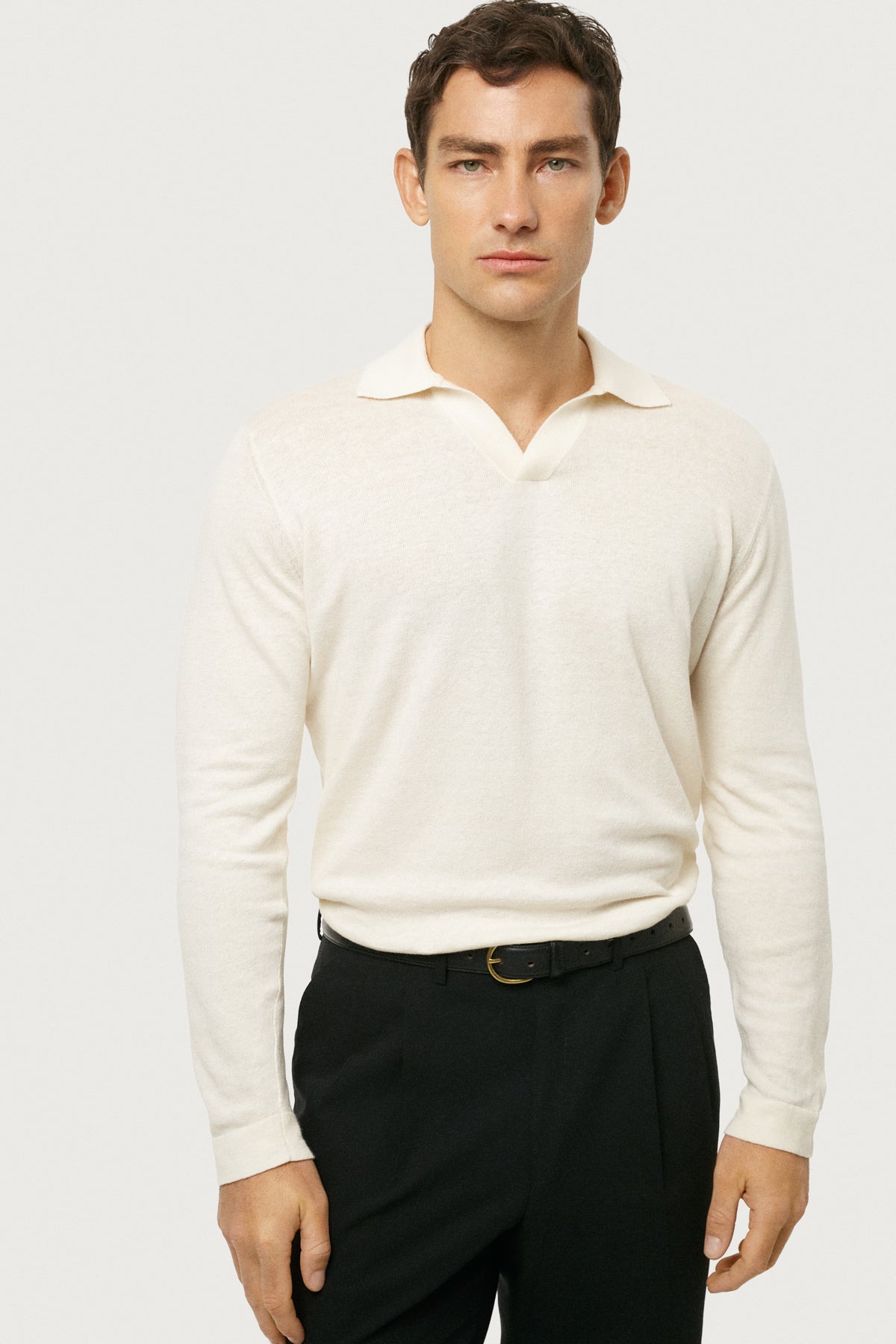 The Long-Sleeve Linen Cotton Polo Milk White