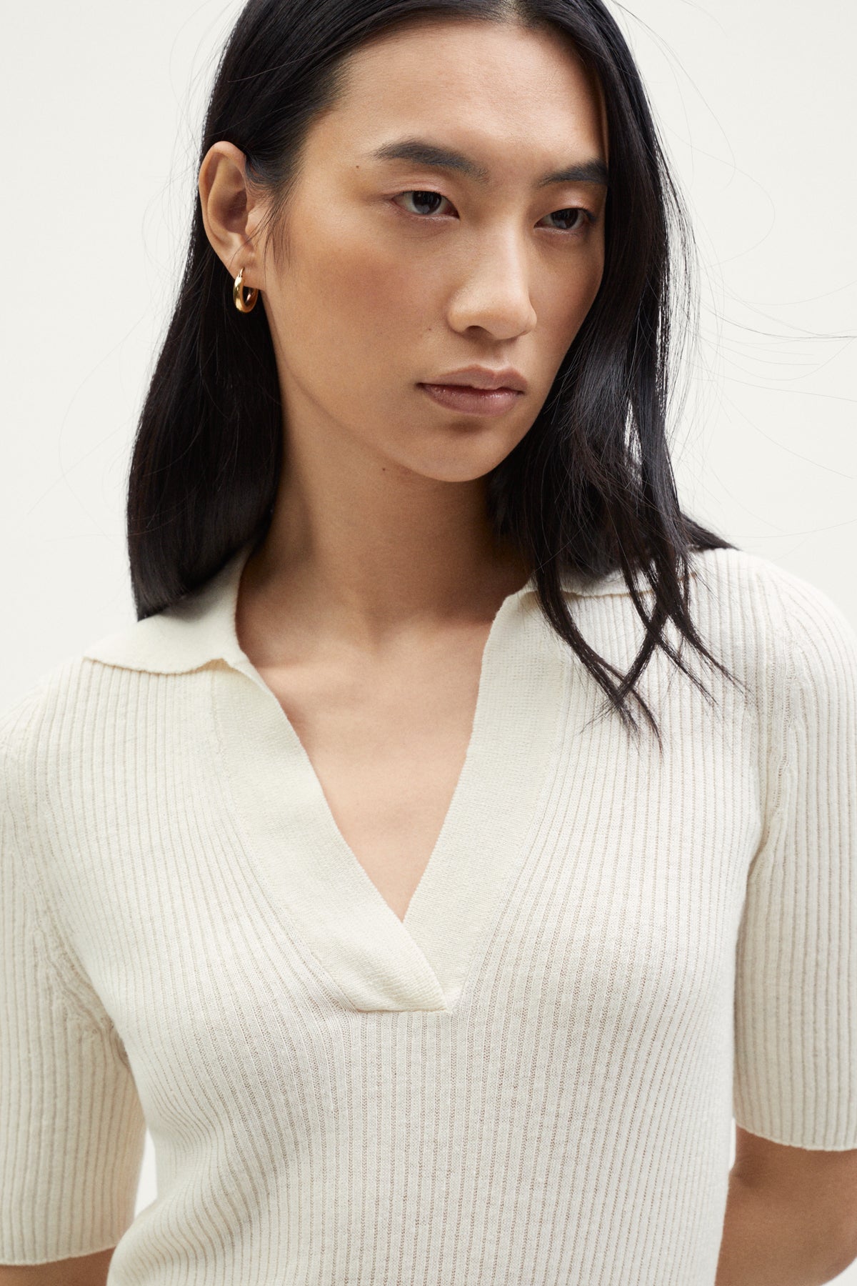 the linen cotton ribbed polo milk white
