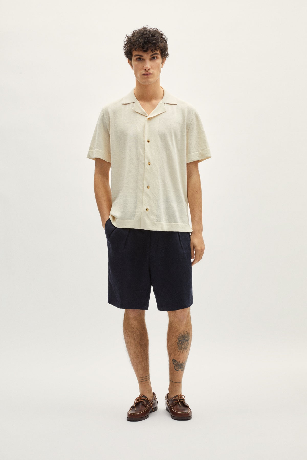 the linen cotton bowling shirt milk white