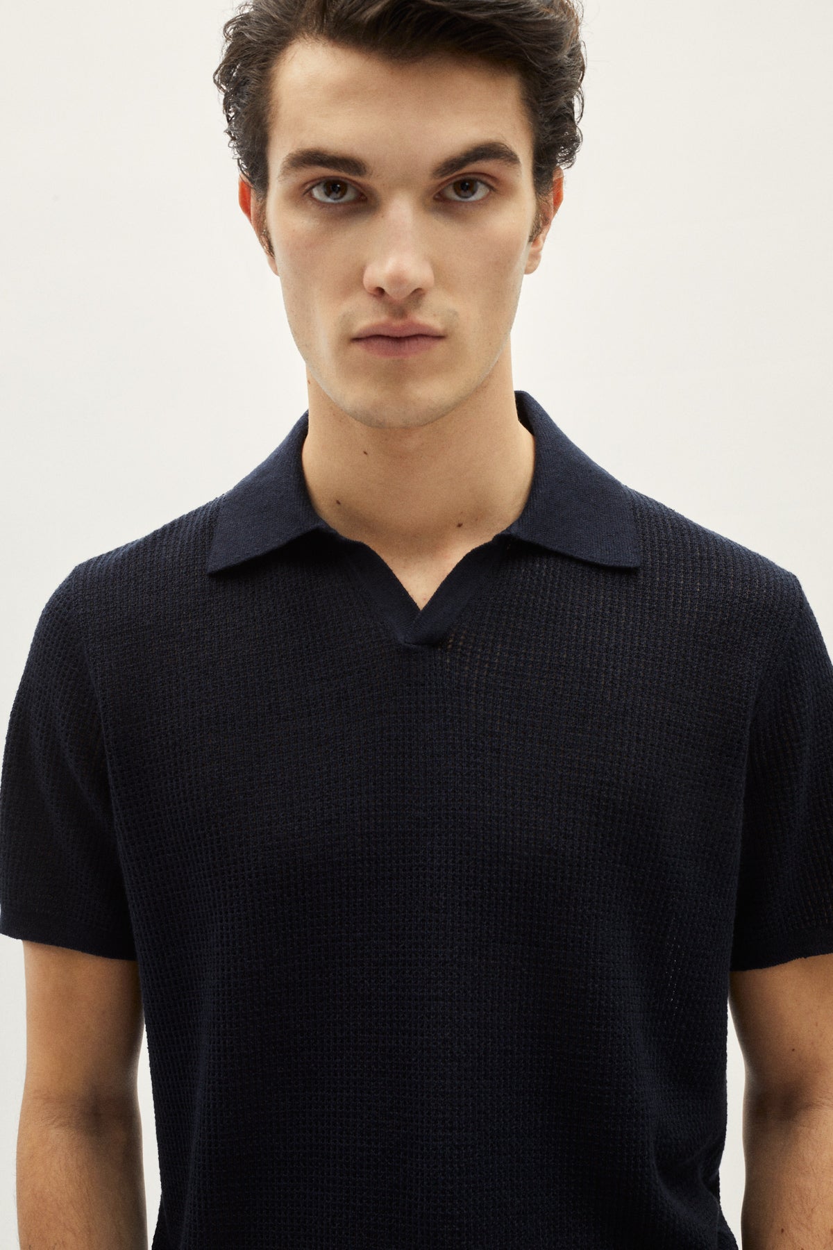 the linen cotton crochet polo blue navy