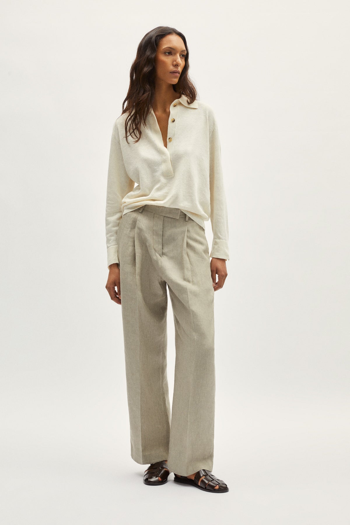 the linen cotton vintage long sleeve polo milk white