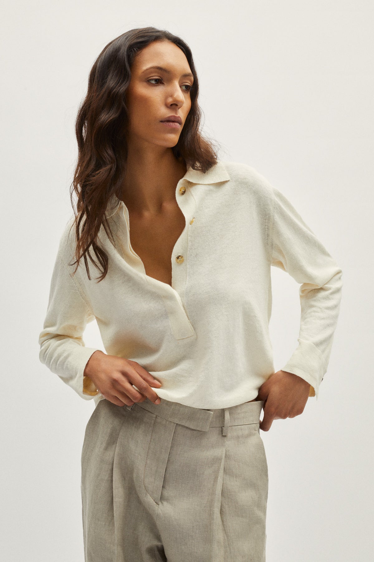 the linen cotton vintage long sleeve polo milk white