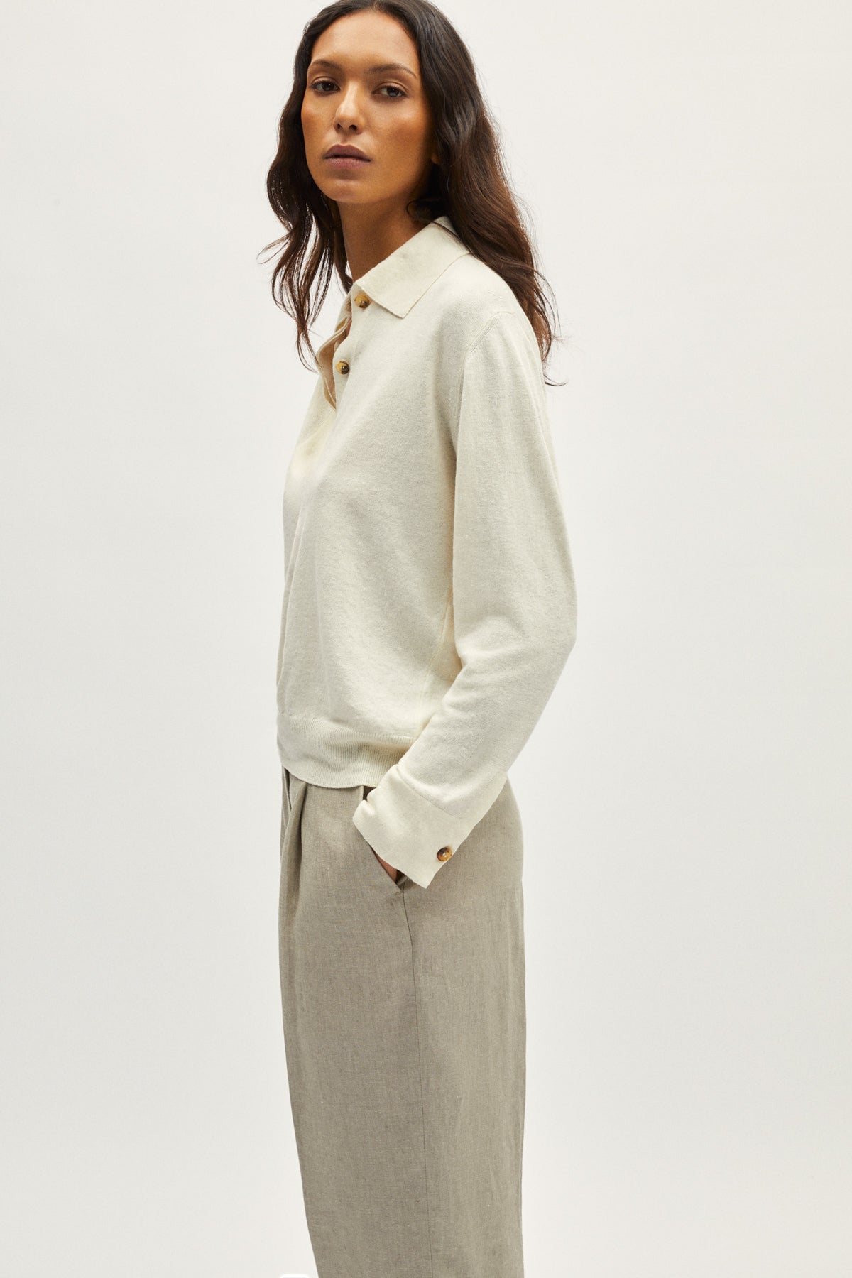 the linen cotton vintage long sleeve polo milk white