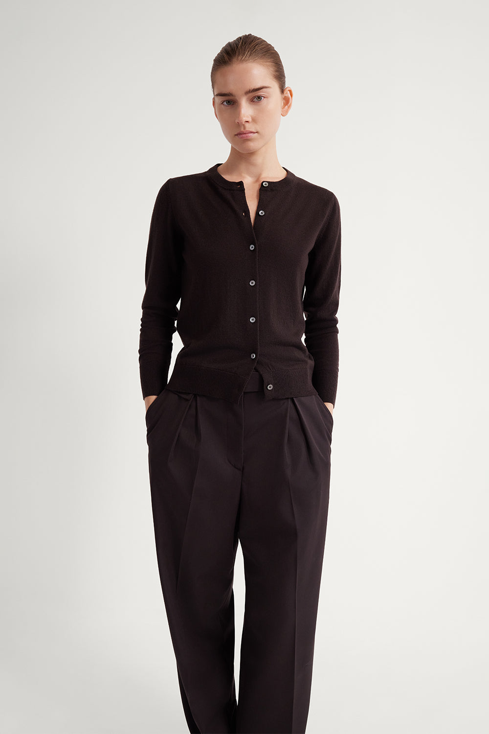 The Ultrasoft Wool Crewneck Cardigan Chocolate Brown