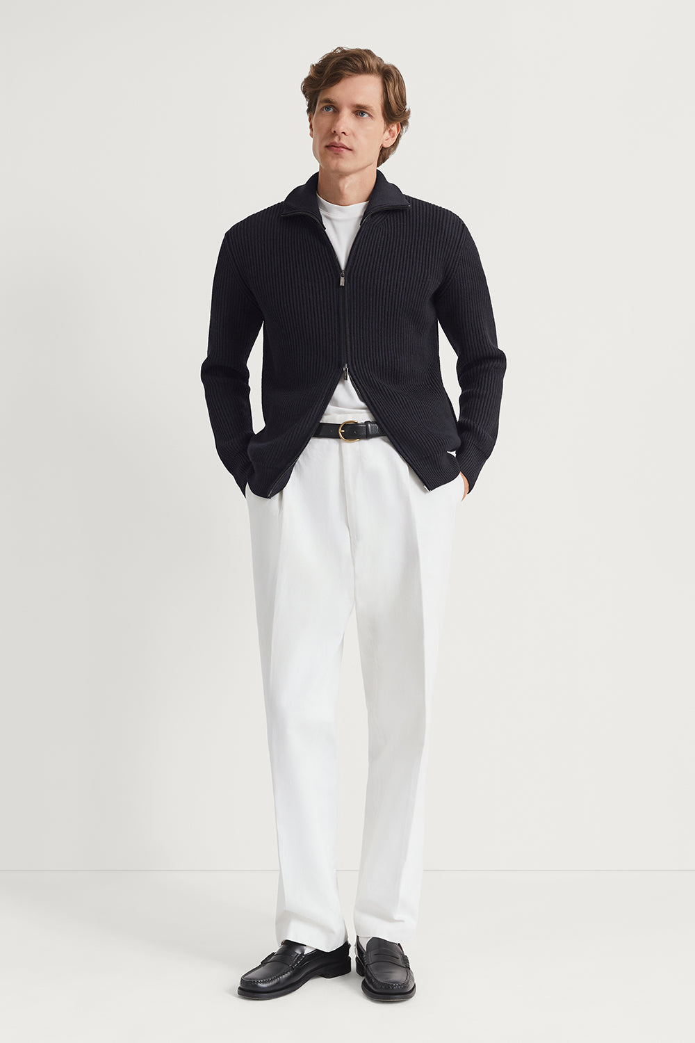 The Merino Wool Polo Collar Zip Cardigan Oxford Blue