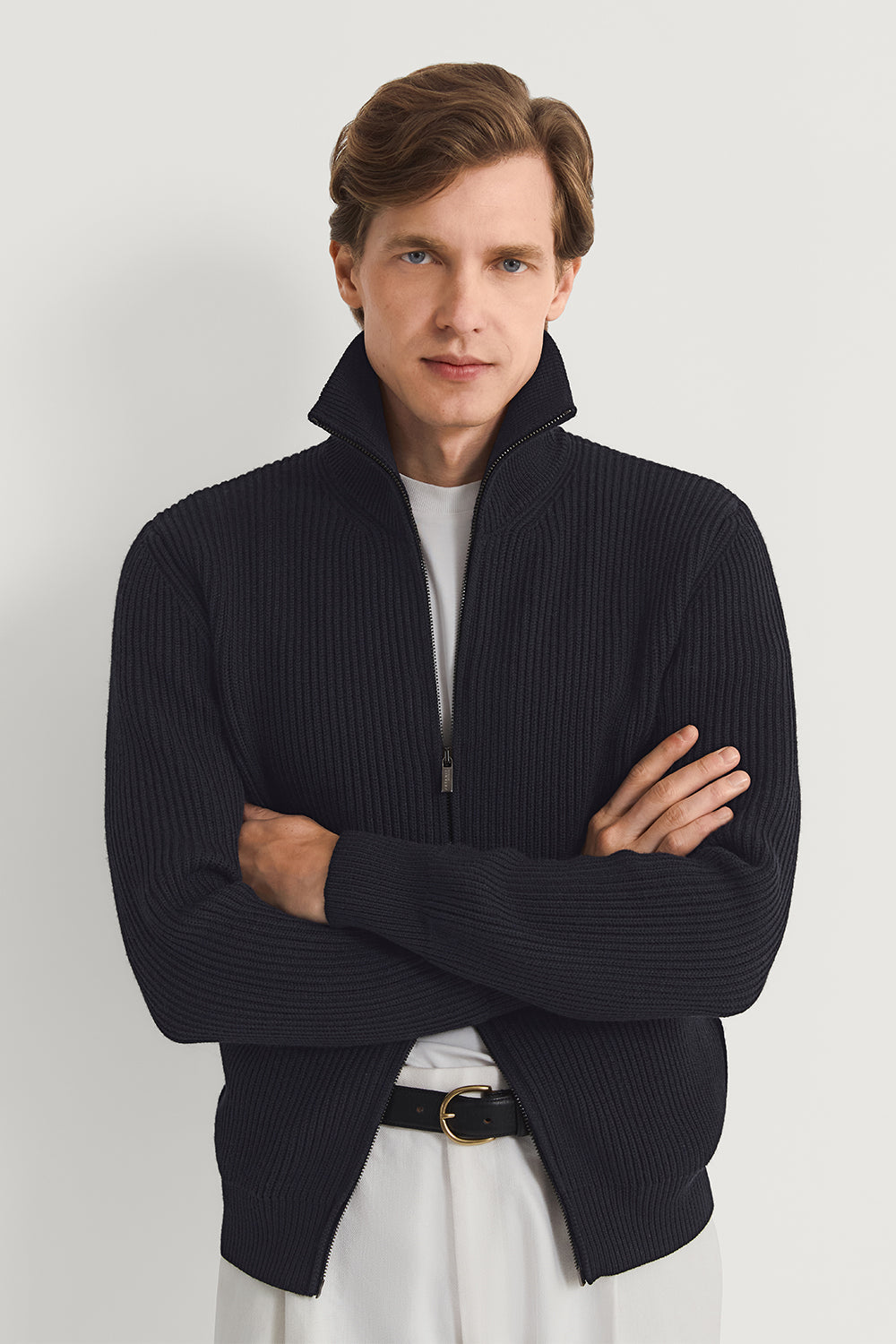 The Merino Wool Polo Collar Zip Cardigan Oxford Blue