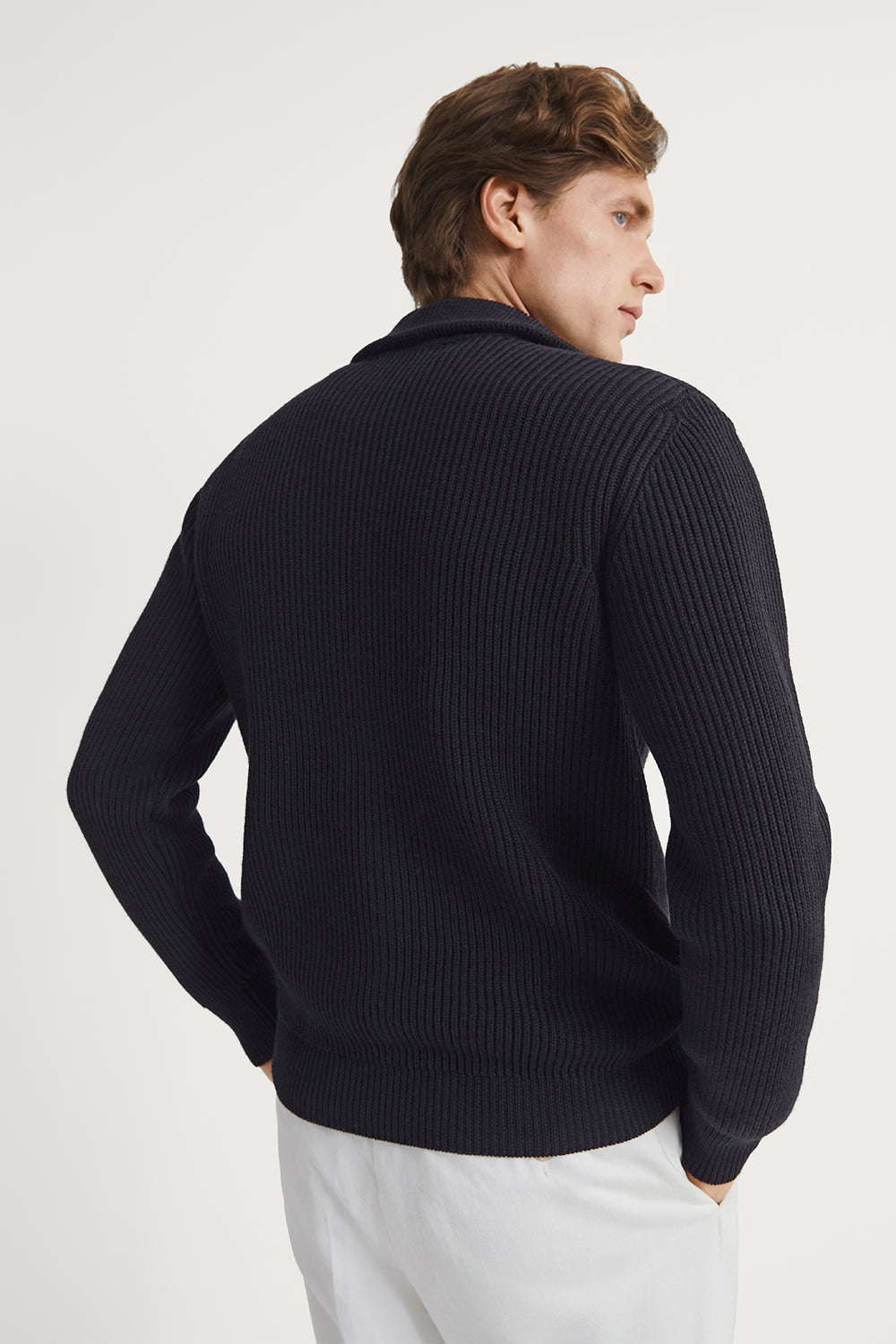 The Merino Wool Polo Collar Zip Cardigan Oxford Blue