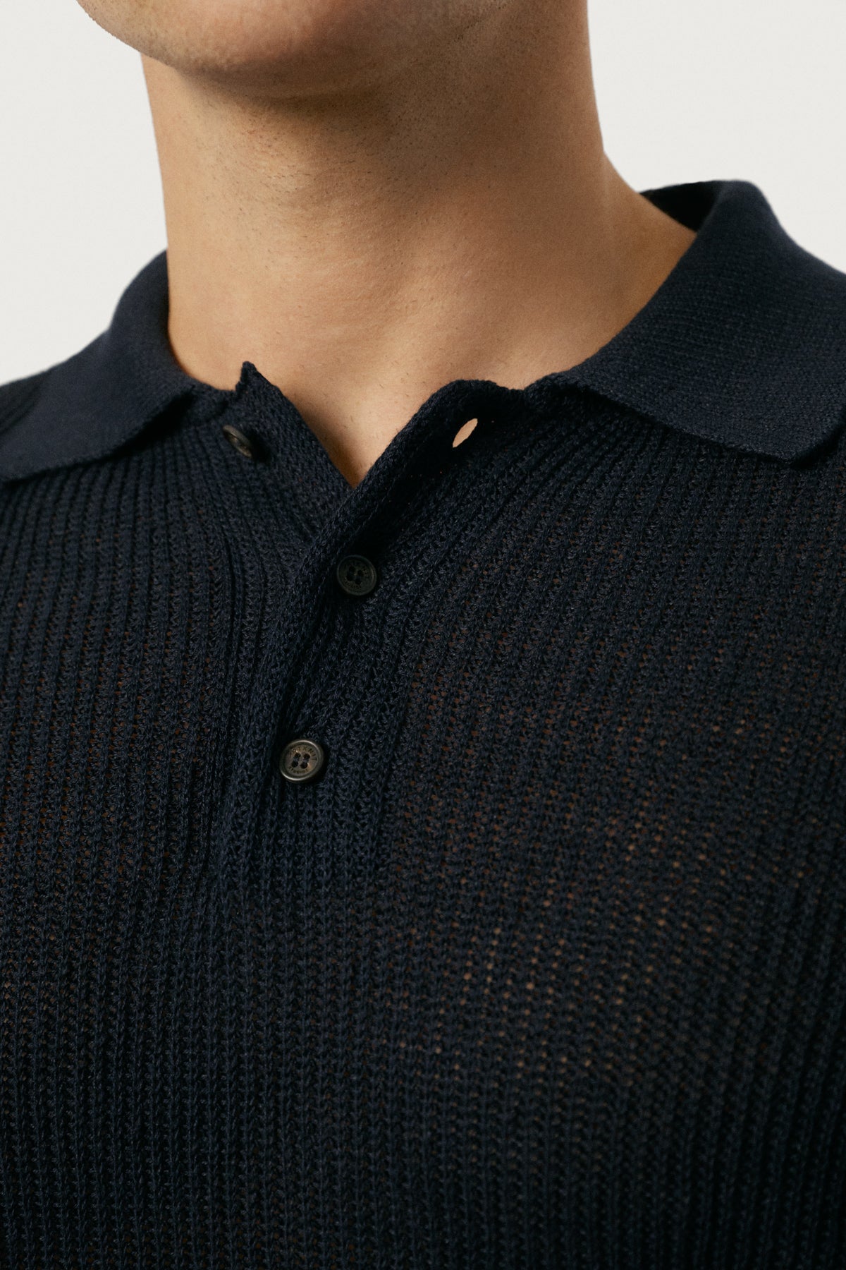 The Linen Cotton Rib-Knit Long Sleeve Polo Navy Blue
