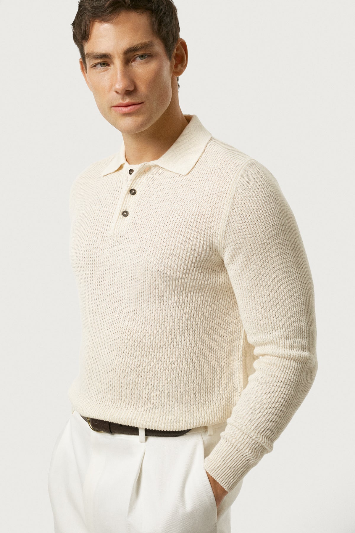 The Linen Cotton Rib-Knit Long Sleeve Polo Milk White