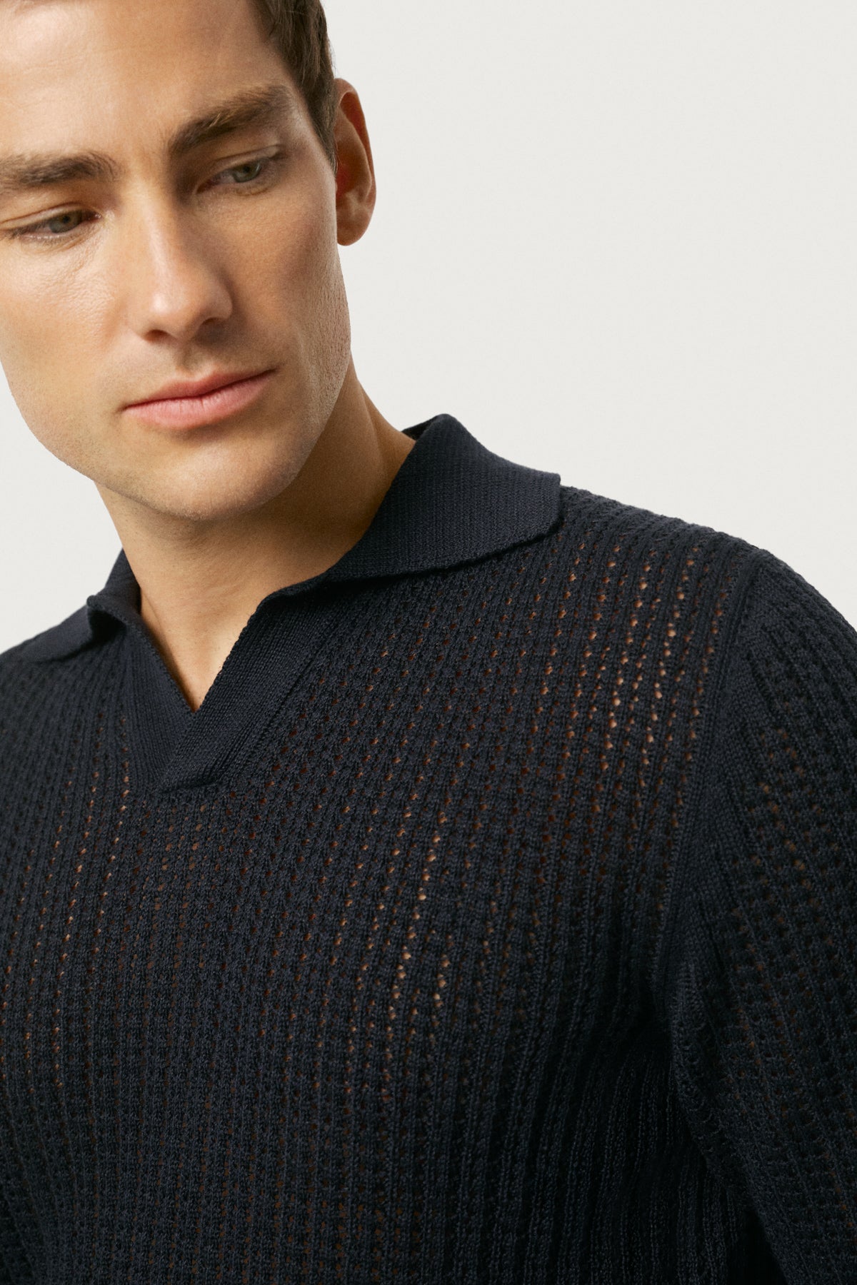 The Linen Cotton Garter Stitch Polo Navy Blue