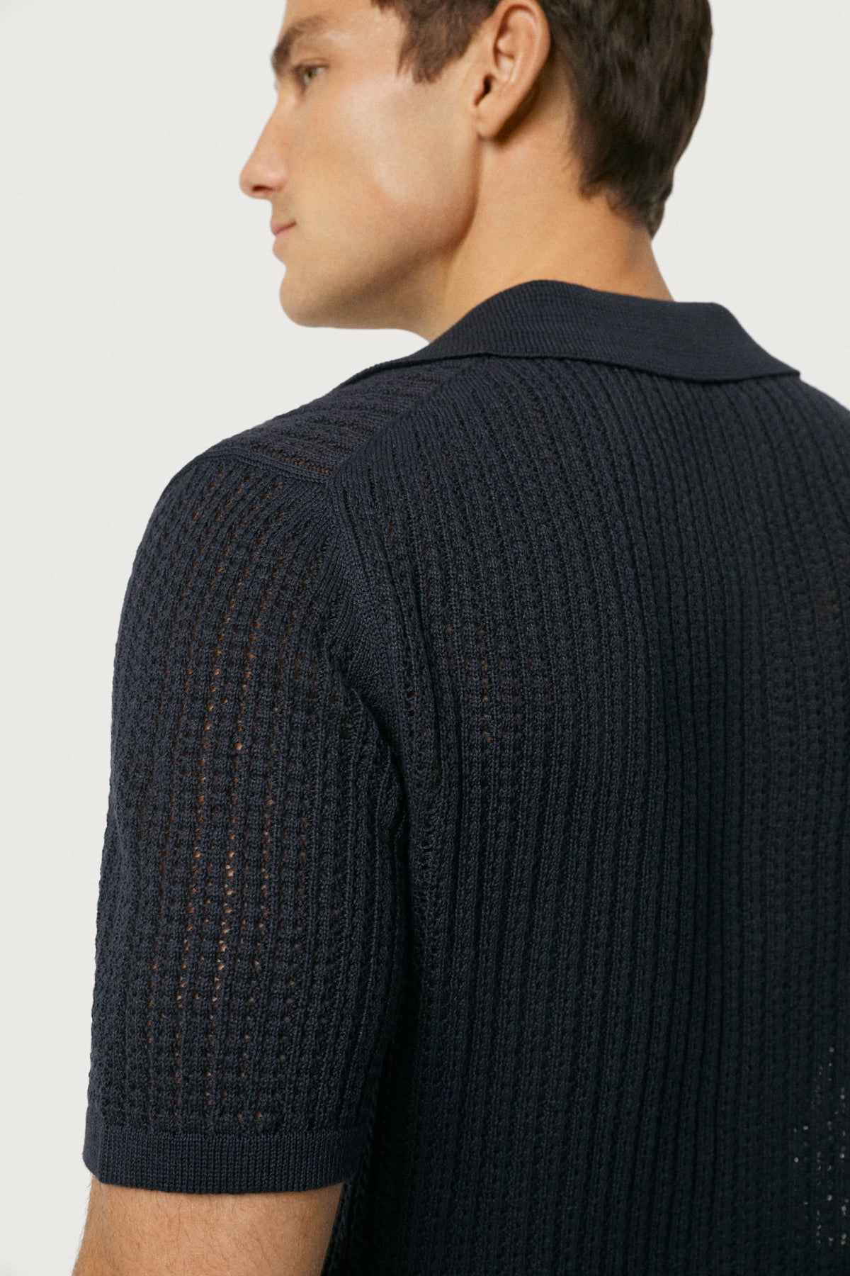 The Linen Cotton Garter Stitch Polo Navy Blue