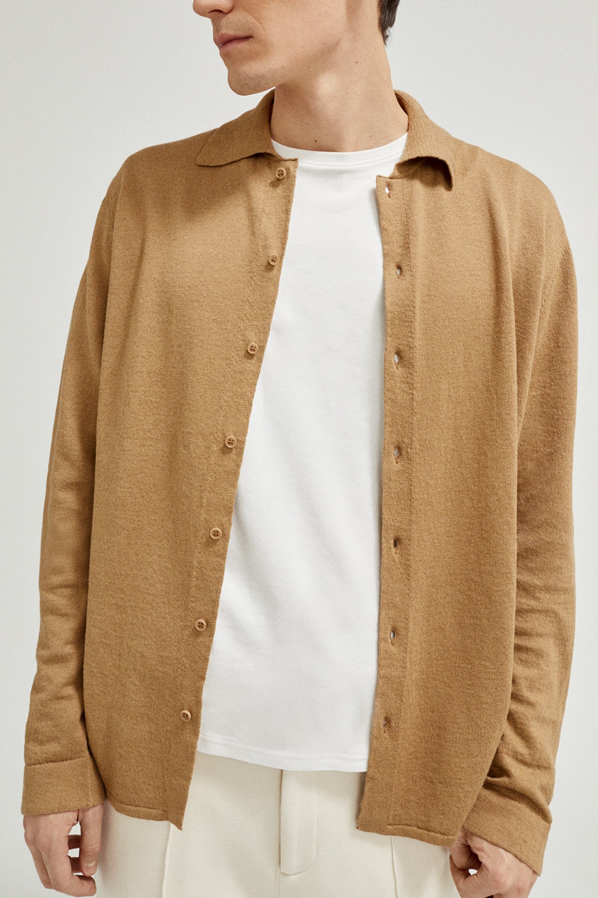 the linen cotton knit shirt imperfect version 8 camel