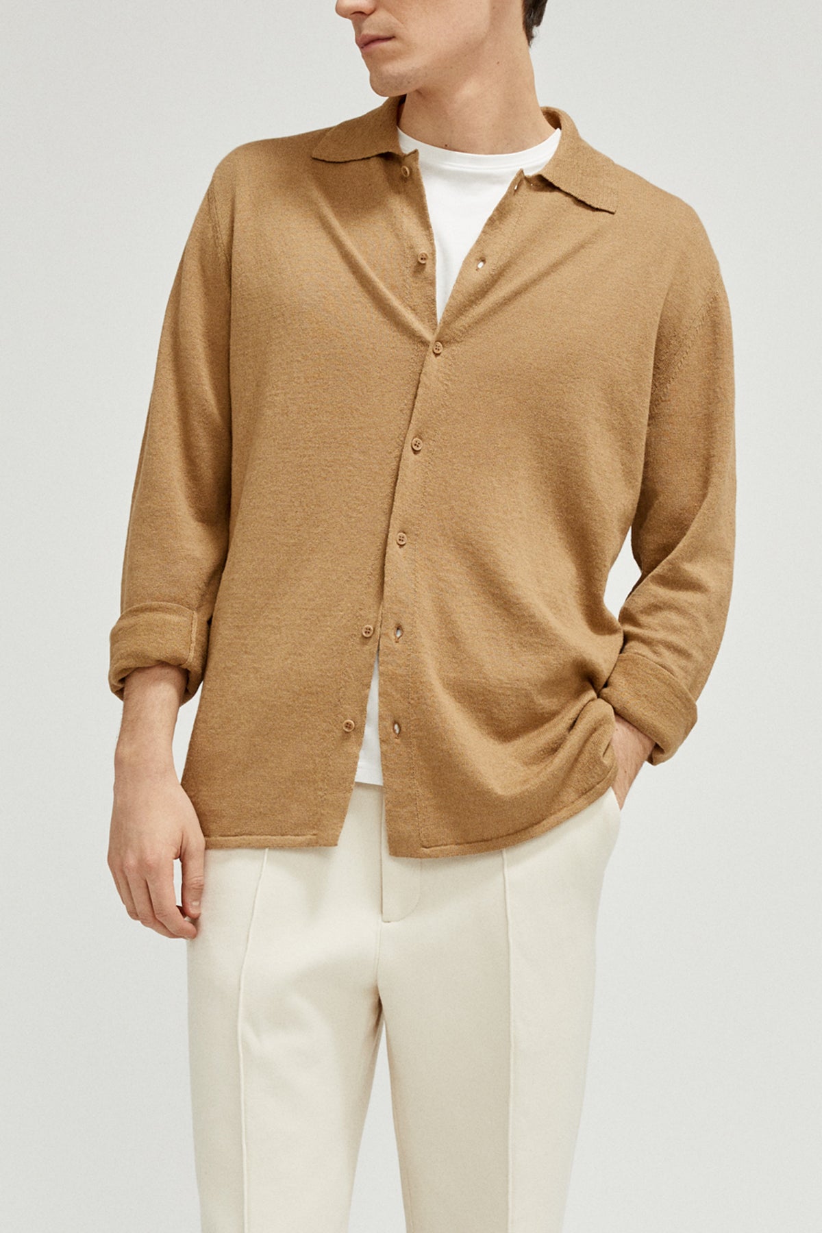 the linen cotton knit shirt imperfect version 8 camel