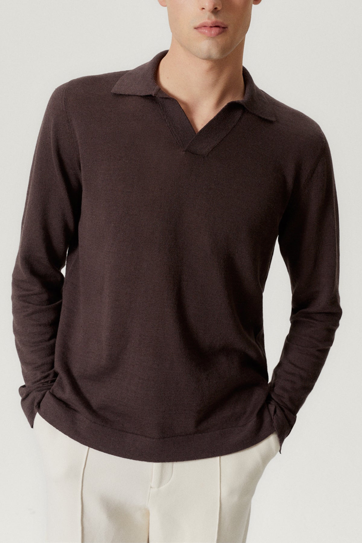 The Long-Sleeve Linen Cotton Polo brown- Imperfect Version