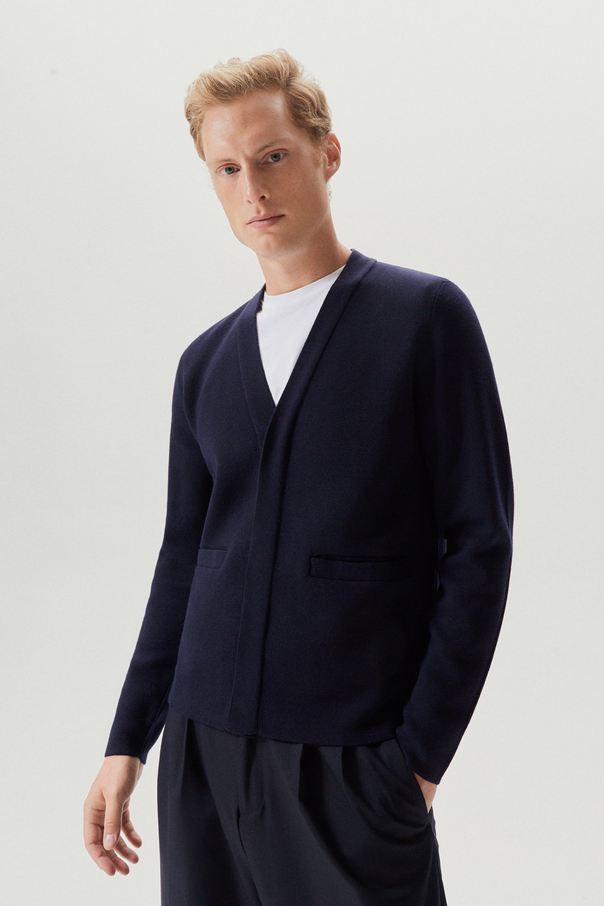 the merino wool shawl cardigan oxford blue