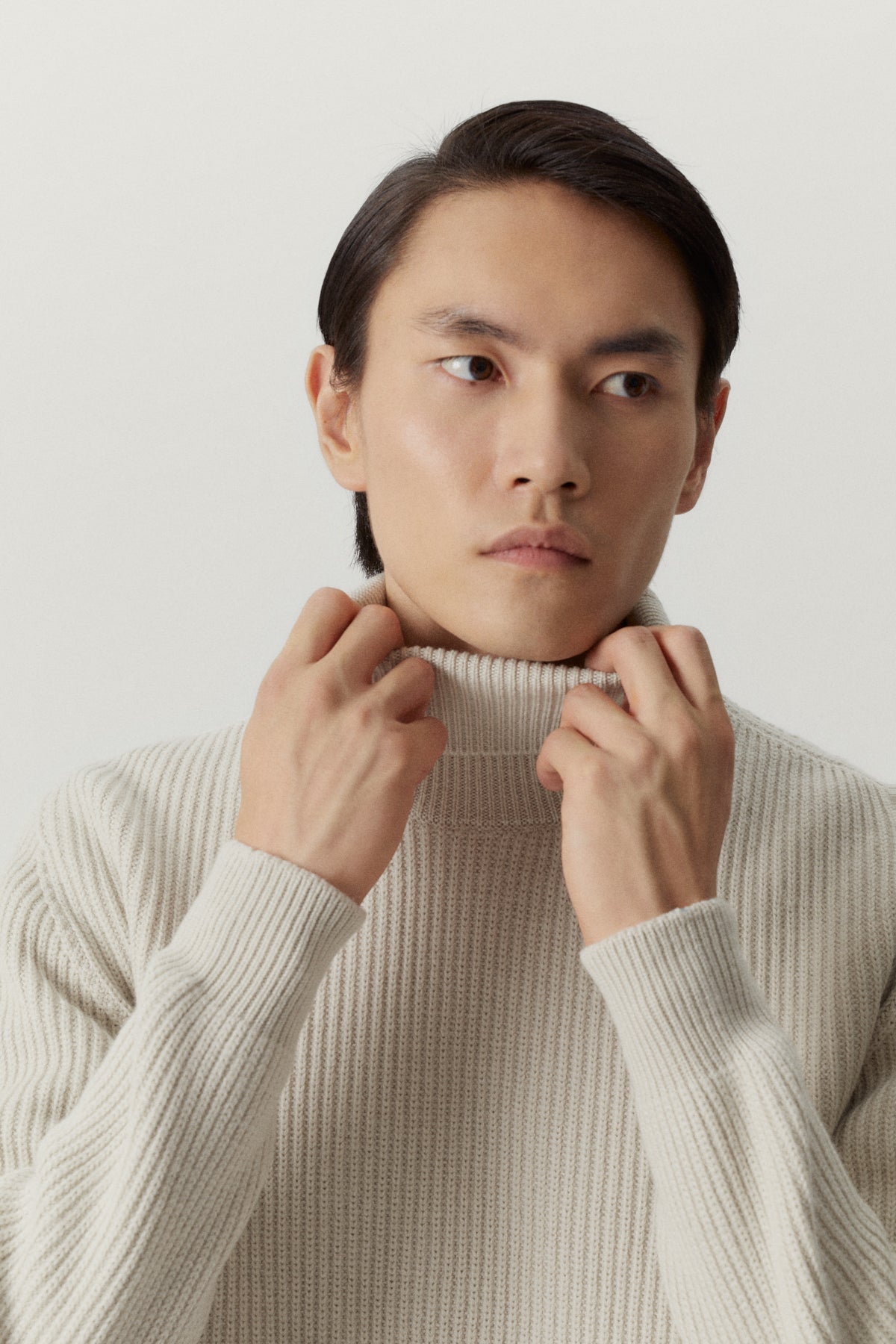 the merino wool ribbed high neck pearl
