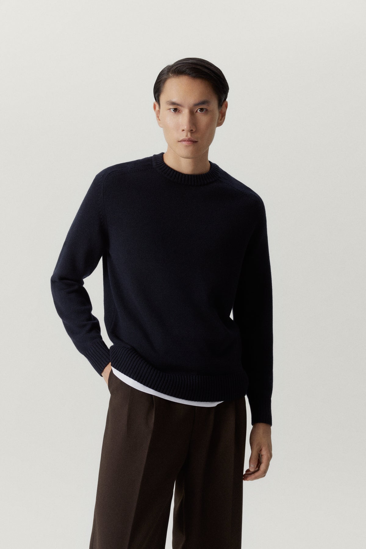 the merino wool saddle shoulder sweater oxford blue