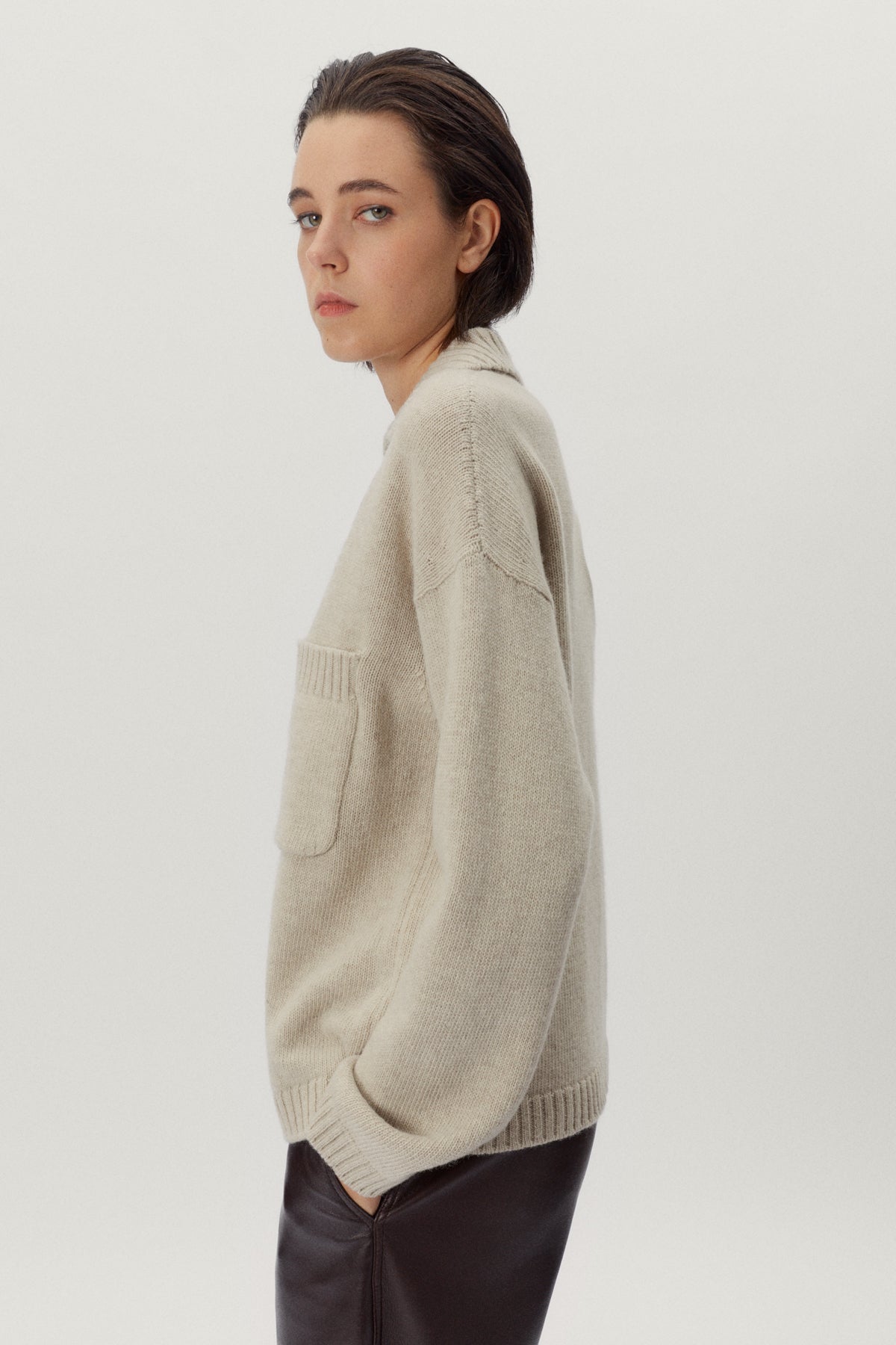the woolen polo collar jacket ecru