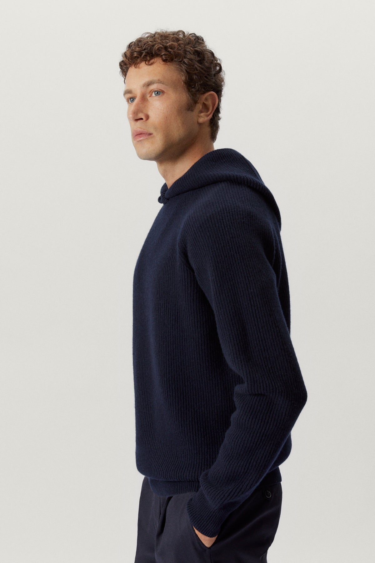 the woolen ribbed hoodie sweater blue navy